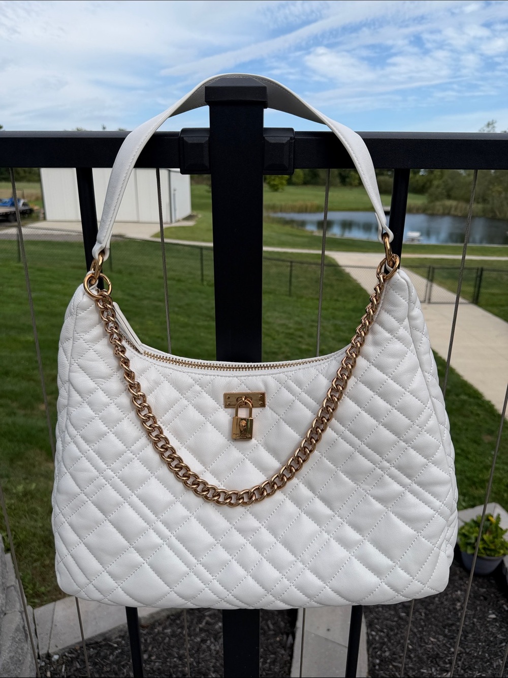 Kurt Geiger White Quilted Shoulder Bag with Gold Chain